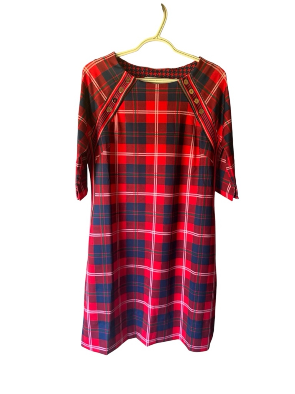 Gretchen Scott Designs Red Plaid Midi Shift Dress with Navy Accents